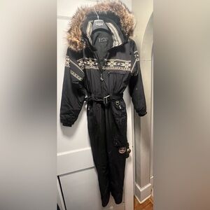 Bogner Black Ski Snowsuit with Fur Trim Hood and Embroidered Snowflakes